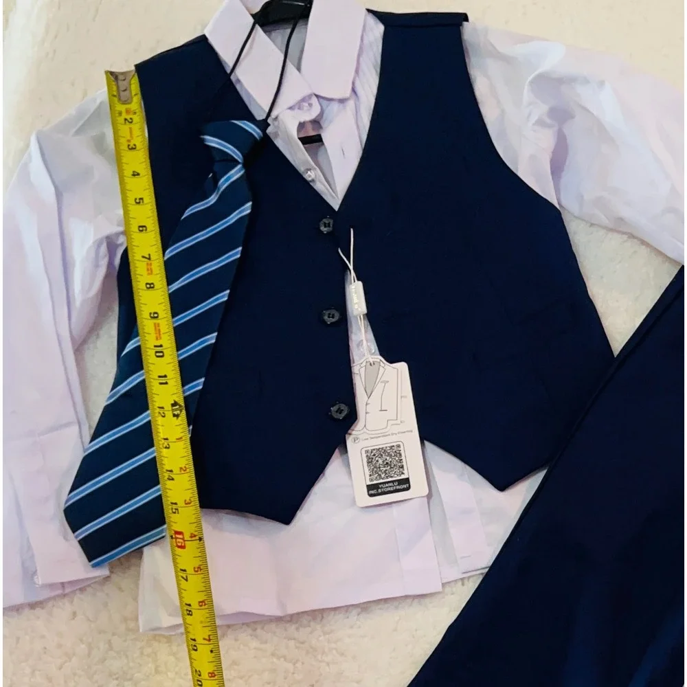 Yuanlu Boys 4 Piece Navy Blue Suit Set Vest PaShirt Tie Formal Wedding Size 7